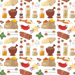 Seasoning food herbs natural healthy spices condiments organic vegetable vector ingredient seamless pattern background.