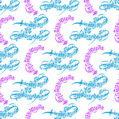 Notes music melody colorfull musician symbols sound melody seamless pattern background text writting audio symphony vector illustration