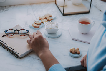Pleasant woman drinking tea in the cafe