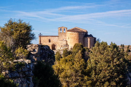 Natural Park Sickles of the Duraton River. Landscape and cliffs. Hermitage of San Frutos, ancient temple. Segovia, Spain
