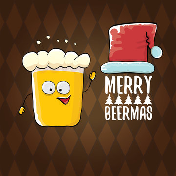 Merry beermas vector christmas greeting card with beer glass cartoon character and red santa hat isolated on brown background. Vector funky christmas beer party poster design template