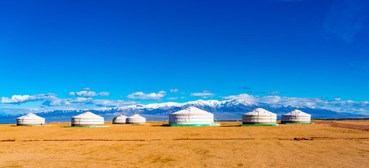 Panoramic view of mongolian ger on a large steppe