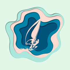 White sailboat . Sea landscape. Paper cut art digital craft style. Vector illustration