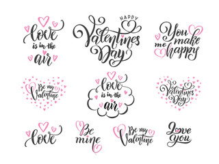 Fototapeta na wymiar vector Set of black hand lettering love phrases quotes to valentines day, love concept, wedding design template, hearts
