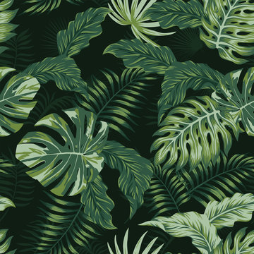 evening summer jungle tropical leaves seamless pattern