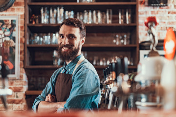 Cheerful barman with crossed arms standing at the bar counter