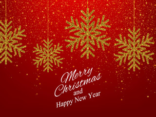 Fototapeta na wymiar Christmas, New Year background with gold glitter snowflake. Vector illustration