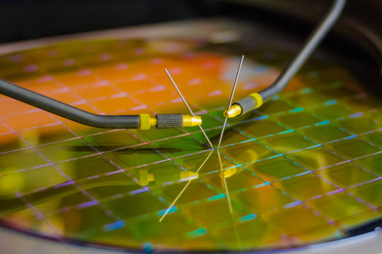 Checking Microchips On Silicon Wafer With Probe Station.Microelecronics.