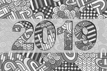 New year 2019 background. Zentangle winder holidays poster. Celebration banner. Grunge vector illustration for web design, printed products, calendars, invitations or greeting cards.