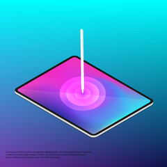 Illustration of a tablet which is pressed with a pen. Reaction to pressing. Shows the action of the tablet.