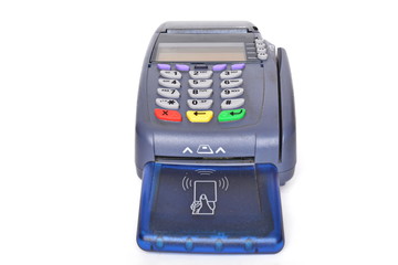 Pos payment terminal on white background. Isolated. Front view