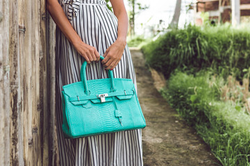 Woman hands with luxury handmade snakeskin leather handbag. Python snake fashionable handbag. Outdoors, Bali island.
