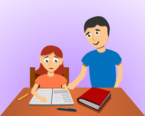 Fototapeta premium Man help son homework concept background. Cartoon illustration of man help son homework vector concept background for web design