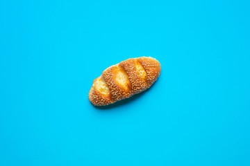Top view of bread and bakery on blue color background.Food and healthy