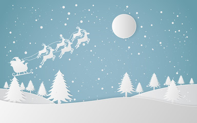 Santa flying in a sleigh with reindeer. Winter Snow Landscape with full moon,Happy new year and Merry christmas,paper art and craft style.