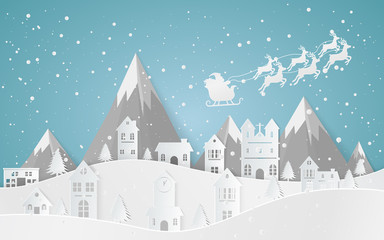 Santa flying in a sleigh with reindeer. The flat vector winter scene design of mountains