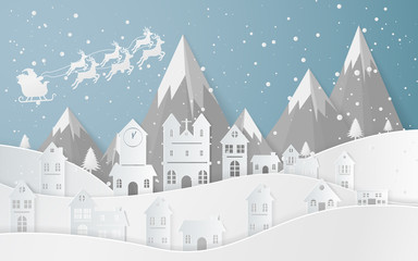 Fototapeta na wymiar Santa flying in a sleigh with reindeer. The flat vector winter scene design of mountains