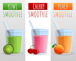 Kiwi, cherry, peach smoothie concept background. Cartoon illustration of kiwi, cherry, peach smoothie vector concept background for web design