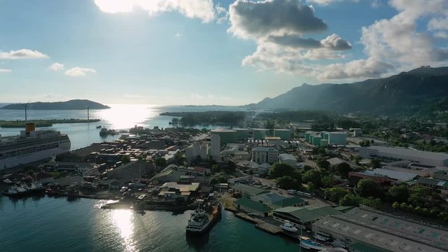 Aerial view of cityscape of Victoria, capital city of Seychelles, boats in harbor - Mahe island, Seychelles