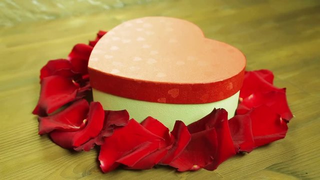 Girl lays out a heart on a wooden table from rose petals. Time laps.