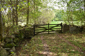 Old stone wall with a wooden gate