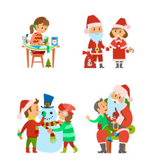 Santa Claus and Helper Children on Winter Holidays