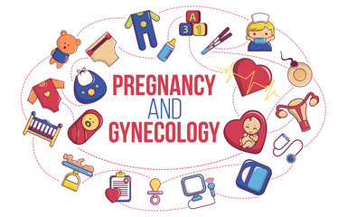 Pregnancy and gynecology concept banner. Cartoon banner of pregnancy and gynecology vector concept for web, giftcard and postcard