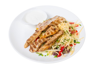 Delicious salad with cheese and chicken fillet.