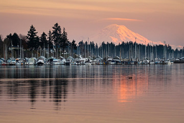 mt rainier over the quaint marina in poulsbo, washington