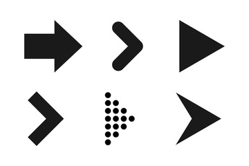 Set of black arrows icons. Dots and lines. Pointer forward, backward. Icon next, icon back, icon forward