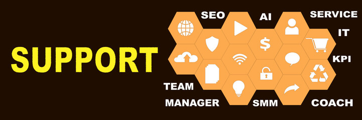 SUPPORT Panoramic Hi tech banner with hexagons icons and tags