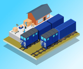 Mail train concept banner. Isometric banner of mail train vector concept for web, giftcard and postcard