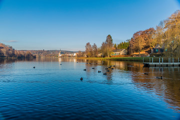 Fototapeta na wymiar beautiful view of the Doyards lake with ducks swimming in the water and the village of Vielsalm in the background on a wonderful sunset in the Belgian Ardennes