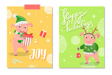 Joy and Happy Holidays Greeting Cards 2019 Vector