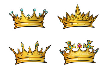 Golden crown mascot with colorful gem stones. Vector illustration isolated on white background. Good for logos, icons, posters, stickers.