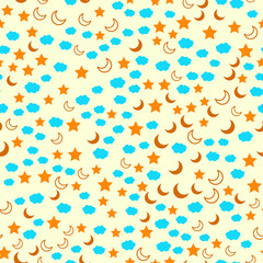 Night sky stars and moon, christmas holidays. Seamless vector EPS 10 pattern. Flat style. Color figures. 