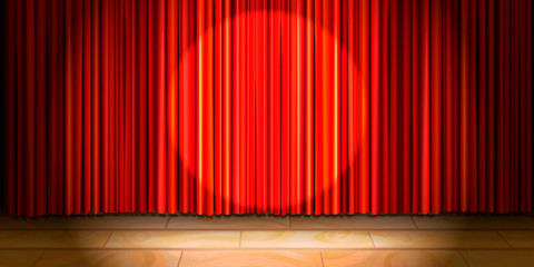 Empty beige wooden stage with red curtain drape and round spot light