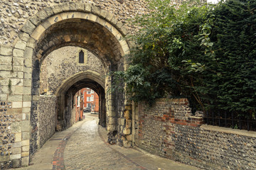 Fototapeta na wymiar The entrance and walkway outside of the Lewes Castle & Gardens, East Sussex county town. The old vintage historical for visitor, traveler.