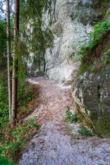 sandstone cliffs with tourist trail on river of gauja, Latvia