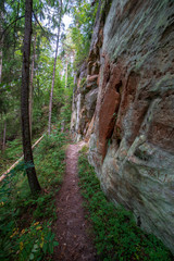 sandstone cliffs with tourist trail on river of gauja, Latvia