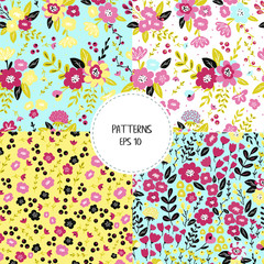 Collection of trendy colorful seamless floral pattern with modern simple flowers. Cute repeated pattern for fabric design, wallpaper,wrapping paper