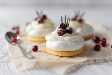 Pavlova Cake with berry cranberries on white background