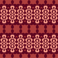 Seamless striped pattern from pink and brown geometrical abstract ornaments on a dark red background. Vector illustration can be used for textiles, wallpaper and wrapping paper