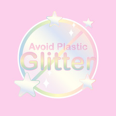 Plastic glitter ban symbol with sparkling icons. Vector illustration.