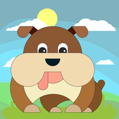 Dog in cartoon flat style on the background of meadows, sun and clouds.