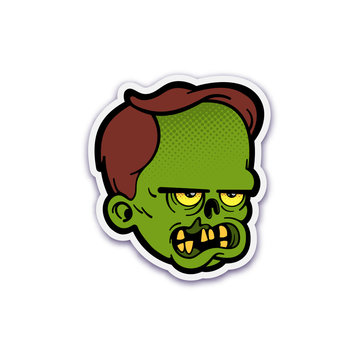 Cute zombie head sticker with dotted halftone. Isolated vector illustration.
