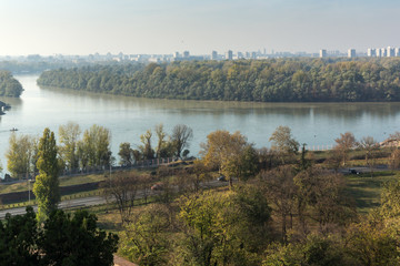 Fototapeta na wymiar Panoramic sunset view of Belgrade Fortress, Kalemegdan Park, Sava and Danube Rivers in city of Belgrade, Serbia