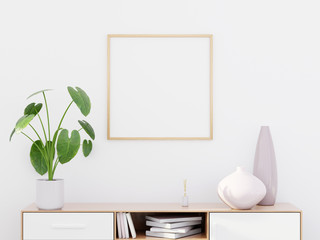 Modern living room interior with a wooden dresser and a square poster mockup, 3D render