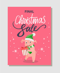 Fototapeta na wymiar Final Christmas Sale Poster Happy Pig Holding Gift
