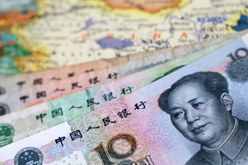 Yuan on the map of China. Chinese economy